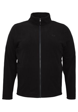 Chaqueta de forro polar negra con un cuello alto, cremallera completa y bolsillos laterales. Suave textura y corte entallado mejoran la calidez y la comodidad.