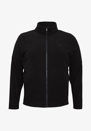 Chaqueta de forro polar negra con un cuello alto, cremallera completa y bolsillos laterales. Suave textura y corte entallado mejoran la calidez y la comodidad.