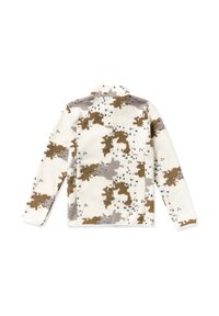 Veste en polaire avec un col montant, présentant une base crème et des motifs abstraits bruns, gris et noirs. Texture douce et détail de fermeture éclair.