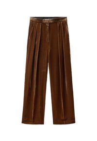 Pantaloni ampi in velluto marrone con pince frontali, chiusura con zip e bottone, e una trama liscia. Ideali per un abbigliamento casual o formale.