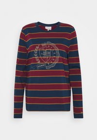 Langärmliges T-Shirt mit navyblauen und burgunderroten Streifen, einem runden Halsausschnitt und einem Logo-Graphic mit Verzierungen auf der Vorderseite.