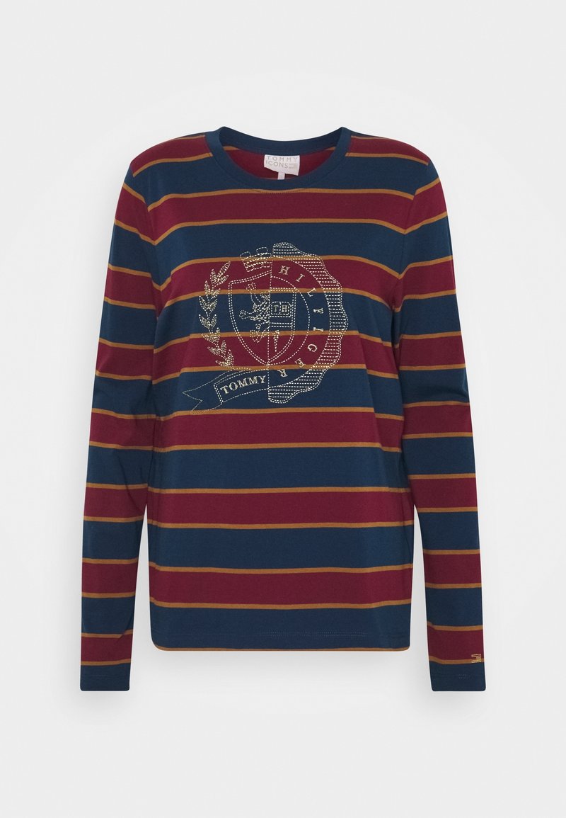 Langärmliges T-Shirt mit navyblauen und burgunderroten Streifen, einem runden Halsausschnitt und einem Logo-Graphic mit Verzierungen auf der Vorderseite.