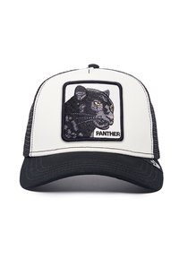 Cappellino trucker bianco e nero con un design di pantera ricamato sul patch frontale e la parola "PANTHERA" sottostante. Retro in rete nera.