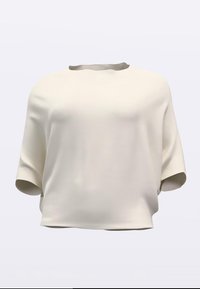 Short-sleeve top in off-white with a relaxed fit, ribbed texture, and a round neckline. Smooth fabric with subtle drape.