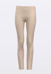 Bež legice v oprijeti zasnovi z gladko teksturo. Ponašajo se z visokim pasom in brez vidnih šivov ali vzorcev.