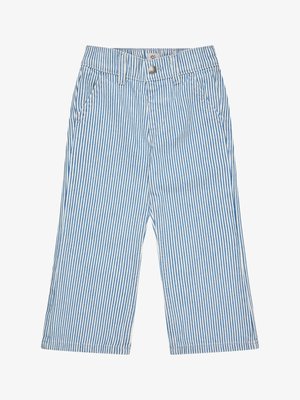 Blaue und weiße, vertikal gestreifte, weit geschnittene Hose mit Fronttaschen, Gürtelschlaufen und Knopfverschluss.