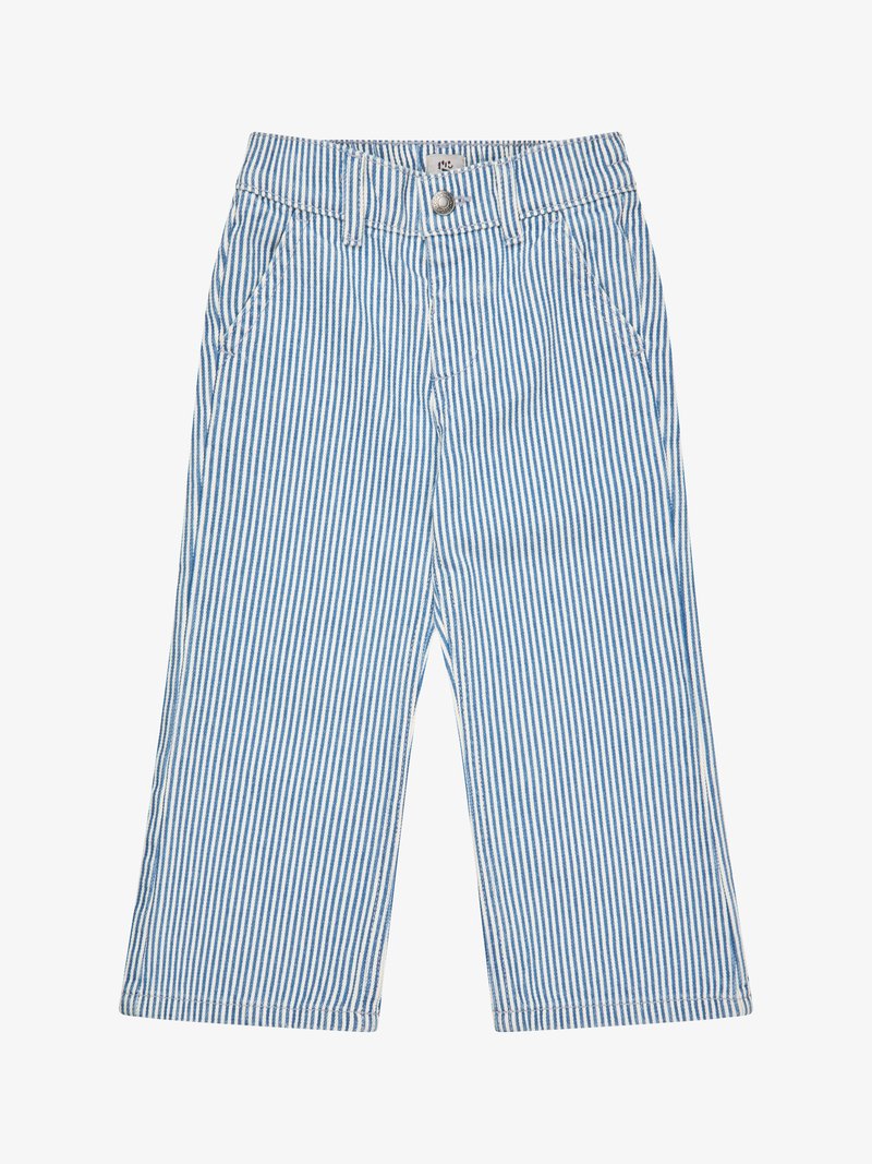 Μπλε και λευκό παντελόνι με κάθετες ρίγες, φαρδιά γραμμή, εμπρός τσέπες, θηλιές για ζώνη και κουμπί στο κλείσιμο.