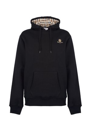 Felpa nera in misto cotone, con cappuccio foderato con un motivo a quadretti beige e marrone e una tasca a marsupio frontale. Dettaglio del logo dorato.