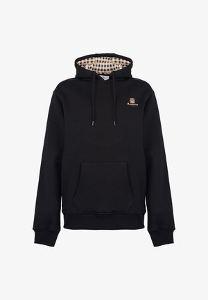 Felpa nera in misto cotone, con cappuccio foderato con un motivo a quadretti beige e marrone e una tasca a marsupio frontale. Dettaglio del logo dorato.