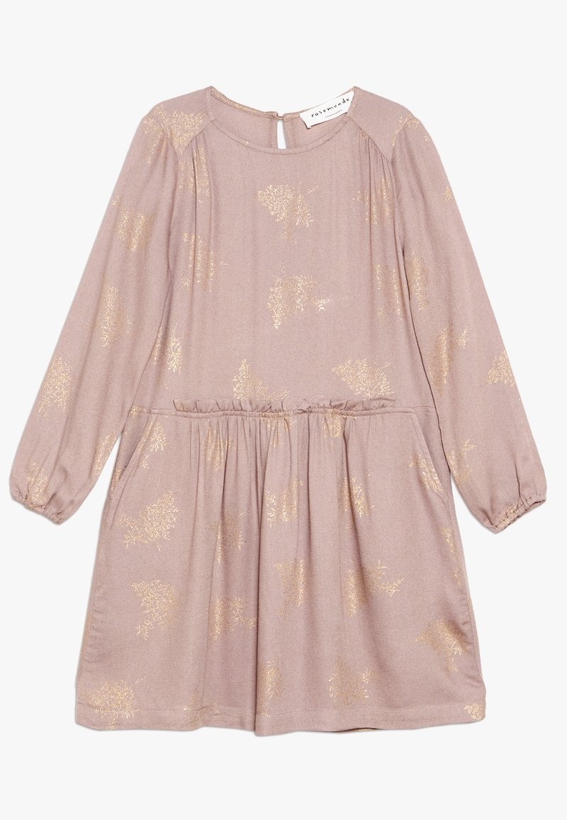 Růžové šaty s dlouhými rukávy, s gumičkou v pase a květinovými zlatými vzory. Měkká látka s kulatým výstřihem a detailem v zadní části ve tvaru klíčové dírky.