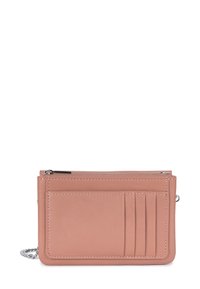 Peach leather wallet with a zip closure, front card slots, and a textured panel. Features a chain strap for versatile carrying options.