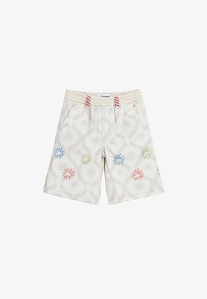 Pantalones cortos de color beige claro con una cinturilla elástica, que presentan patrones florales coloridos en azul, rojo y verde. Hechos de una tela suave y texturizada.