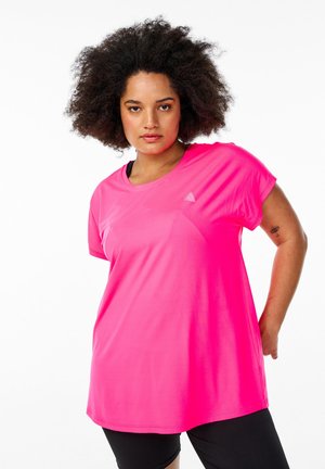 Kurzärmliges Sportshirt in leuchtendem Pink, aus glattem, feuchtigkeitsableitendem Stoff gefertigt. Verfügt über einen V-Ausschnitt und ein kleines Logo auf der Brust.