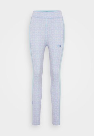 Lyseblå leggings med mønster i geometrisk design i pastellfarger. Har høy midje og kontrasterende sidelommer.