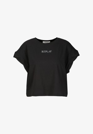 Schwarzes Baumwoll-T-Shirt mit kurzen, leicht ausgestellt geschnittenen Ärmeln. Vorderseite mit grauem "REPLAY" Schriftzug. Rundhalsausschnitt, lockere Passform.