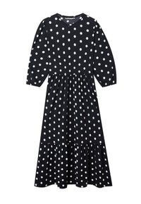 Zwarte jurk met witte polka dots, lange mouwen, ronde hals en een gerimpelde zoom. Gemaakt van stof met een gladde textuur; voorzien van verschillende witte stippen.
