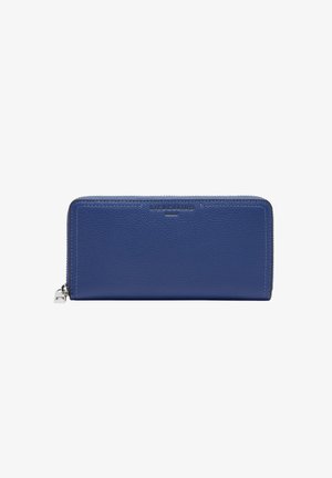 Blue leather wallet with textured surface, zip closure, and silver hardware. Features the brand name embossed on the front.