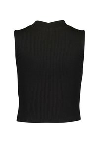 Top sans manches noir avec une texture côtelée et un col légèrement montant. Le design est ajusté, avec une longueur cropped.