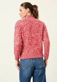Rot-weißer gesprenkelter Strickpullover mit hohem Kragen, gerippten Bündchen und Saum, kombiniert mit blauen Jeans, von hinten betrachtet.