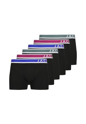 Schwarze Boxershorts im Set von sechs, mit kontrastierenden farbigen elastischen Taillenbändern: lila, grün, blau und weißen Streifen mit Markenlogo.