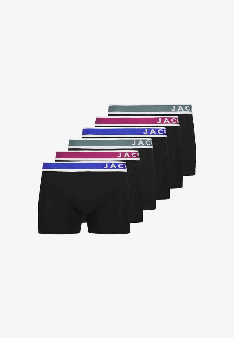 Lot de six caleçons boxers noirs, avec des ceintures élastiques de couleur contrastée : rayures violettes, vertes, bleues et blanches avec le logo de la marque.