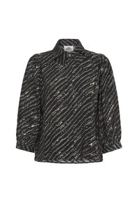 Fekete és szürke mintás blúz, 3/4-es puffos ujjakkal, hegyes gallérral és egyetlen elülső gombbal a nyaknál.