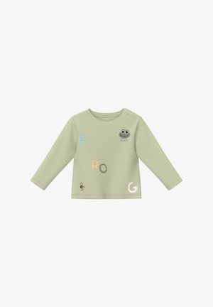 Lichtgroen shirt met lange mouwen voor peuters, met een kikkergezicht en de tekst "Vertrouw me, ik ben een prins," verspreide letters F, R, O, G, en een kleine tekening van een bij.