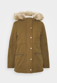Khaki parka jacket with a fur-lined hood, silver snap buttons, two front zip pockets, and a smooth, durable fabric texture.