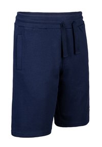Navy blue shorts made of soft fabric, featuring a drawstring waistband, side pockets, and a straight-cut hem.