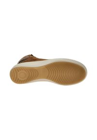 Stivale ankle in suede marrone con suola intermedia bianca e suola in gomma marrone con motivo. Presenta una cerniera laterale e una soffice fodera in tessuto.