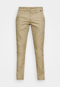Béžové chino kalhoty vyrobené z bavlněné směsi, s plochým předním dílem, poutky na opasek, jedním zapínáním na knoflík a standardními kapsami. Střih na míru.