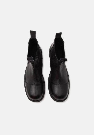 Paire de bottines Chelsea en cuir noir vues de dessus, avec languettes à tirer au talon et sur la languette, sur un fond blanc uni.