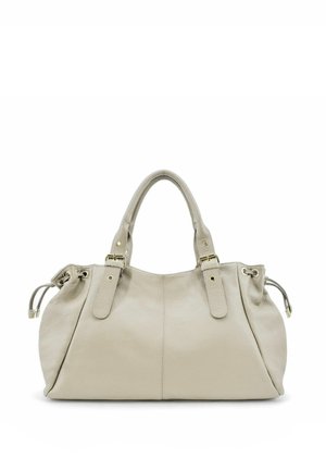 Sac à main en cuir gris clair avec deux anses courtes, accents dorés et détails de fermeture à cordon. Surface douce et texturée.