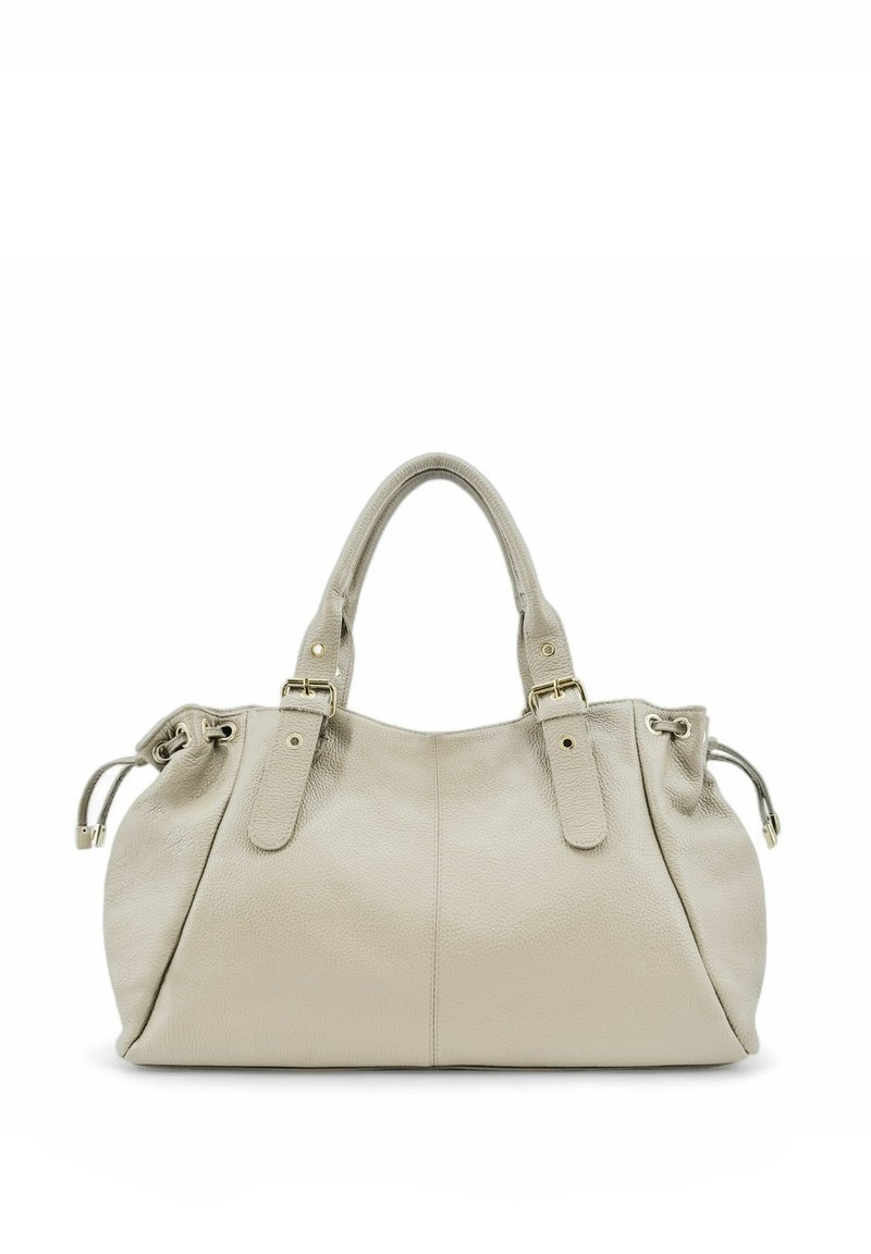 Sac à main en cuir gris clair avec deux anses courtes, accents dorés et détails de fermeture à cordon. Surface douce et texturée.