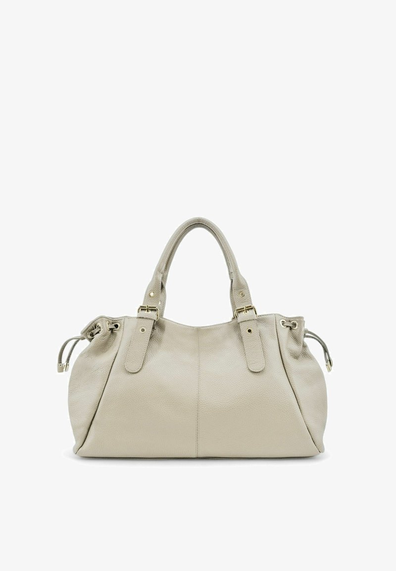 Sac à main en cuir gris clair avec deux anses courtes, accents dorés et détails de fermeture à cordon. Surface douce et texturée.