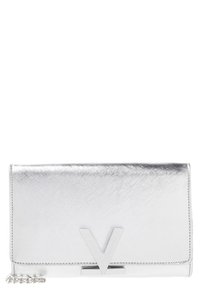 Silver clutch bag with a textured finish, featuring a prominent V-shaped accent and a chain strap for versatility.
