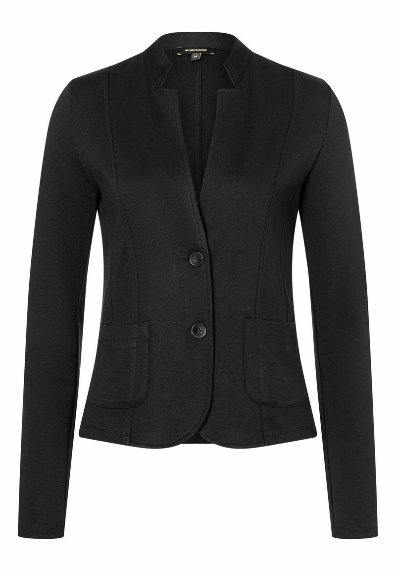 Veste blazer noire cintrée avec deux boutons et deux poches plaquées à l’avant, avec un col rond sans col et des manches longues.