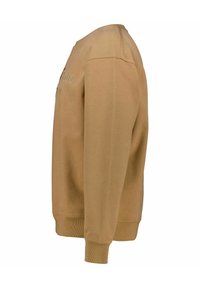 Beige sweatshirt met gebreide boorden en zoom, ronde halslijn en geborduurd logo op de voorkant. Gladde katoenen stof, casual pasvorm.