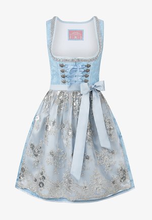 Light blue dirndl dress with intricate silver floral embroidery, fitted bodice with lace-up front, and satin ribbon waist tie.