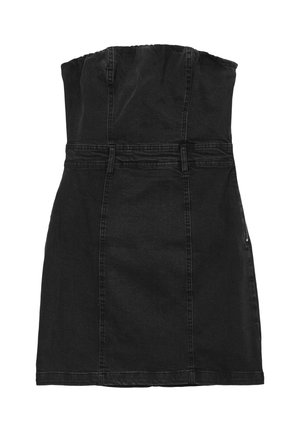 Robe sans bretelles en denim noir avec un corsage ajusté et une fermeture éclair. Présente une jupe légèrement évasée et une texture subtile.