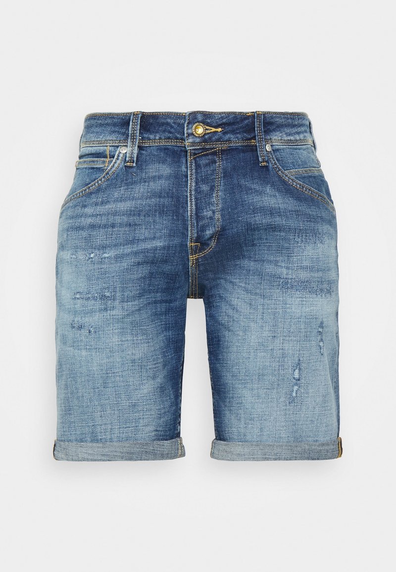 Pantalones cortos de mezclilla azul con un acabado desgastado, detalles desgastados, dobladillo vuelto y costuras amarillas. Incluye bolsillos delanteros y un único cierre de botón.