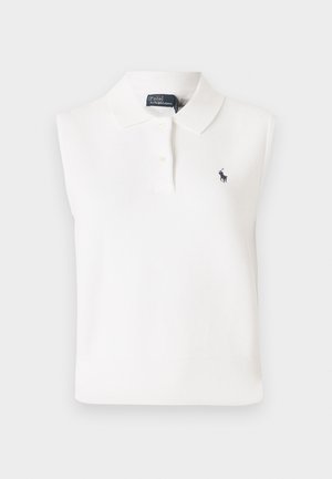 Ujjatlan fehér pólóing texturált anyagból, klasszikus gallérral, két gombos kivágással és egy kis sötétkék logóval a mellen.