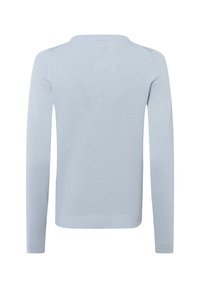 Pull en tricot bleu clair, manches longues, encolure ronde, poignets et ourlet côtelés, texture lisse, design minimaliste, sans motifs ni accents visibles.