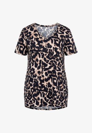 Kurzärmliges V-Ausschnitt-T-Shirt mit einem beige-schwarzen Leopardenmuster.