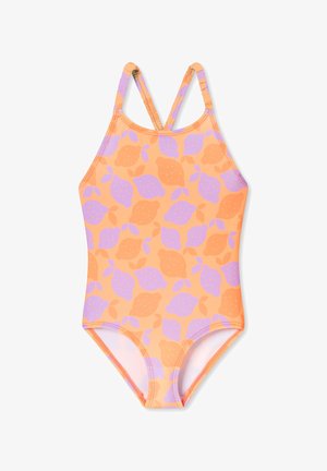 Oranger Badeanzug mit einem sich wiederholenden Muster aus Zitronen und Blättern in Gelb und Lila. Er hat dünne, verstellbare Träger und einen hoch geschnittenen Beinausschnitt.