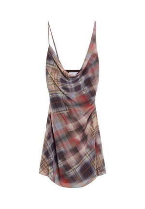 Slip-mekko ohuilla hihnoilla ja monivärisessä ruutukuosissa, jossa on laskostettu pääntie ja virtaava siluetti.