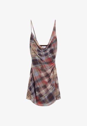 Robe nuisette à fines bretelles avec motif à carreaux multicolores, encolure drapée et silhouette fluide.