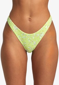Green ribbed bikini bottom featuring a small floral pattern with white and red accents. High-cut sides for a minimal design.