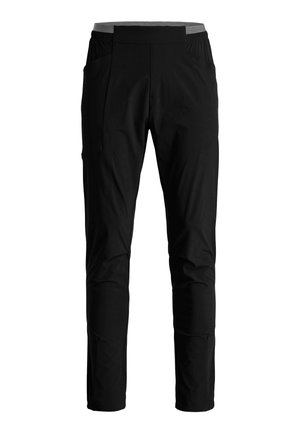 Pantalon slim noir avec une ceinture élastique, des poches latérales et un tissu lisse, présenté de face sur fond blanc.