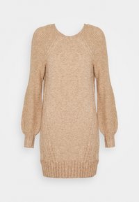 Beige Strickkleid mit rundem Ausschnitt, geripptem Muster an den Bündchen und dem Saum sowie puffigen Ärmeln, mit seitlichen Nähdetails.